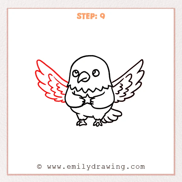 how to draw a bald eagle - Step 9: A second outstretched wing is added to balance the bald eagle’s pose.